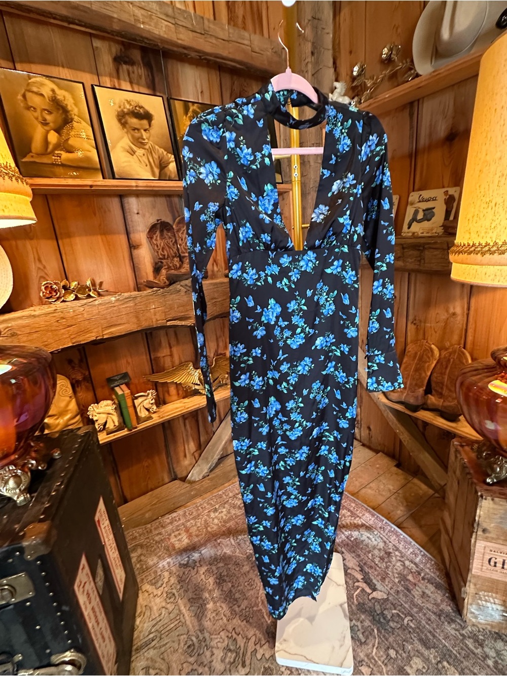 Majorelle Long Sleeve Black Floral Maxi Dress with Blue Flowers